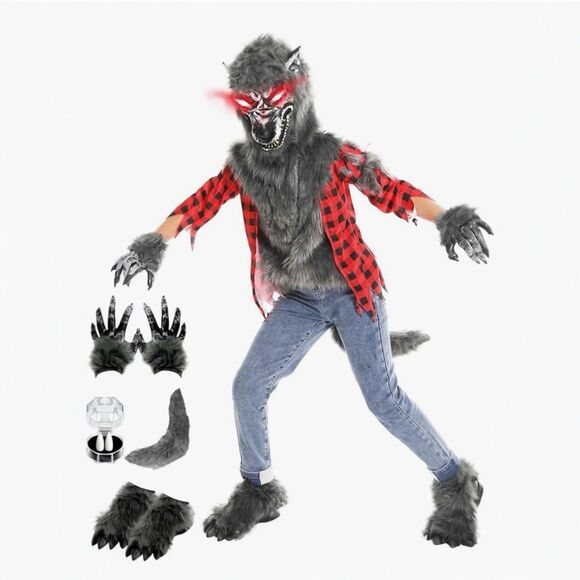 Boys Werewolf Costume with Light Up Mask Full Set Gloves, Shoe Covers, Tail - Picture 1 of 5